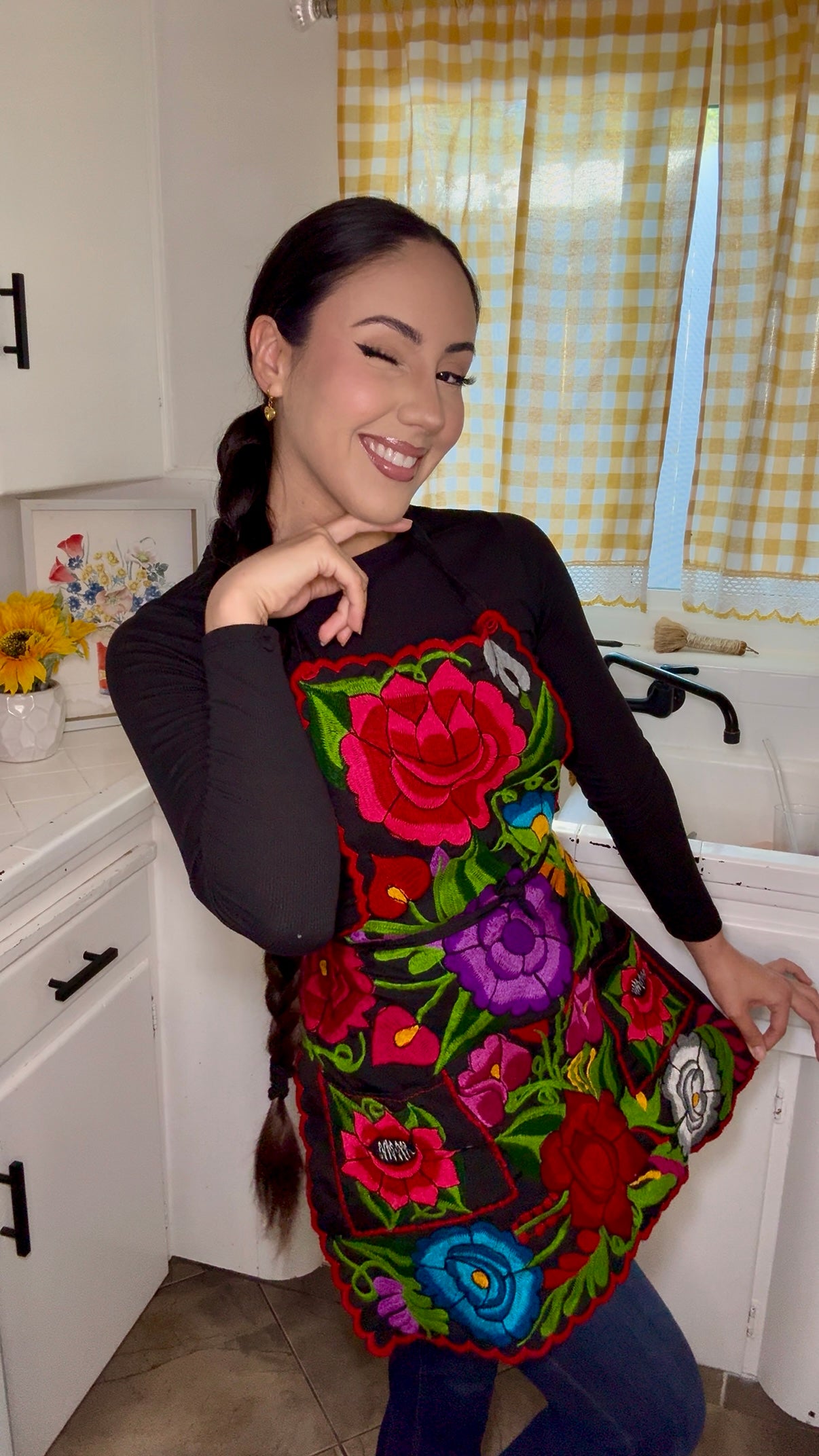 Black Mexican Embroidery Apron