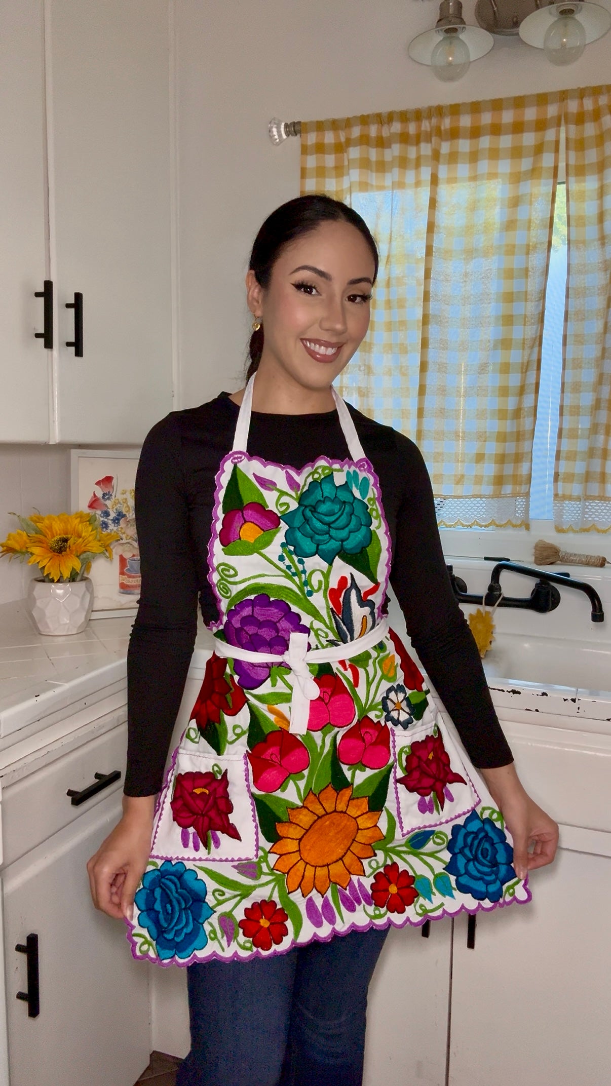 White + Purple Mexican Embroidery Apron