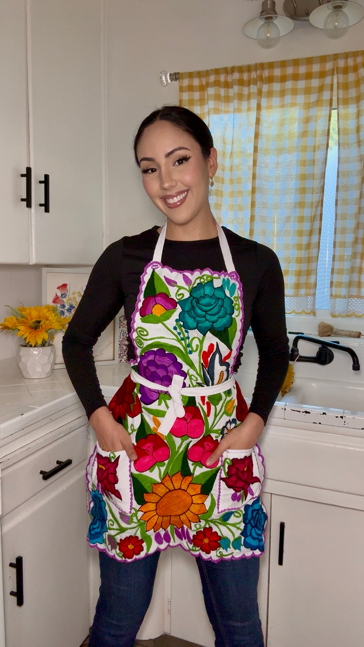 White + Purple Mexican Embroidery Apron