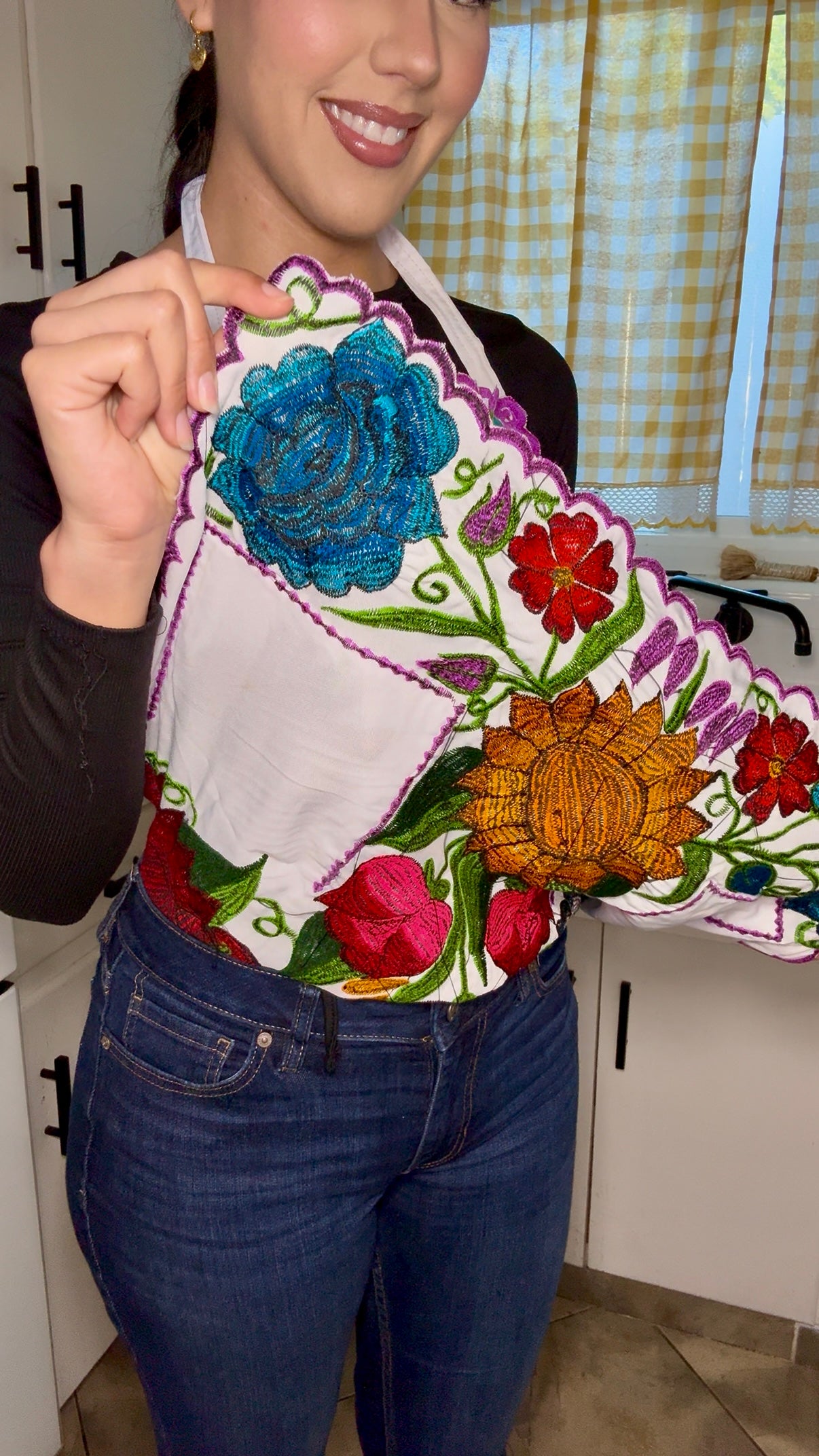 White + Purple Mexican Embroidery Apron
