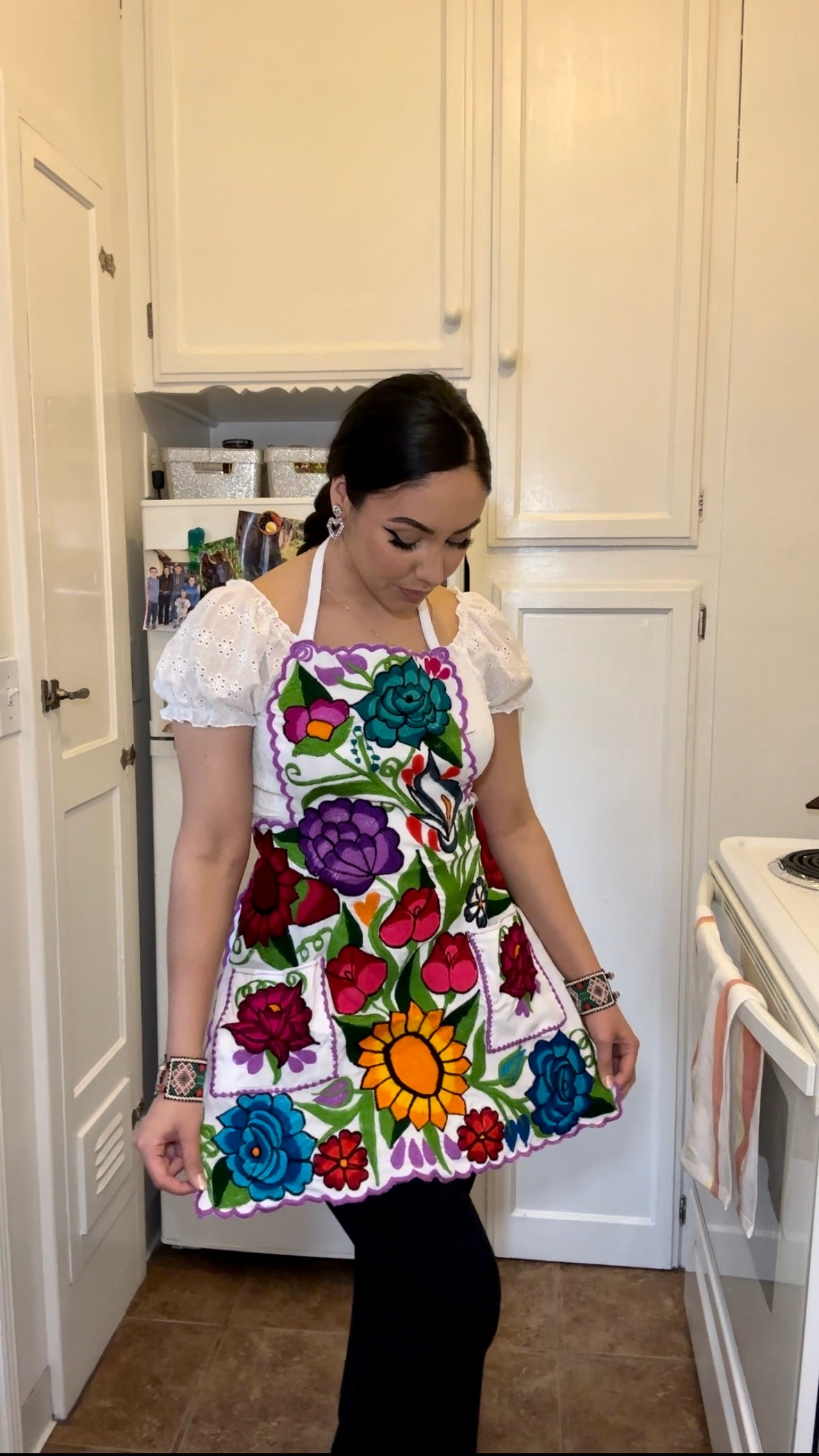 White + Purple Mexican Embroidery Apron